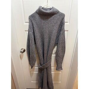 Anthropologie Grey Ribbed Turtleneck Sweater Dress Belted Midi Size M